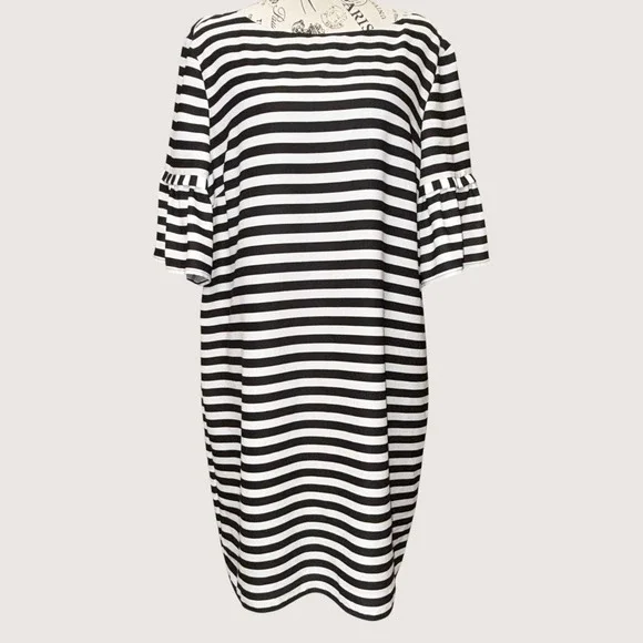 NWT Gianni Bini Black Ivory Striped Dress Bell Sleeve Lined Shift Women's L - Picture 2 of 13